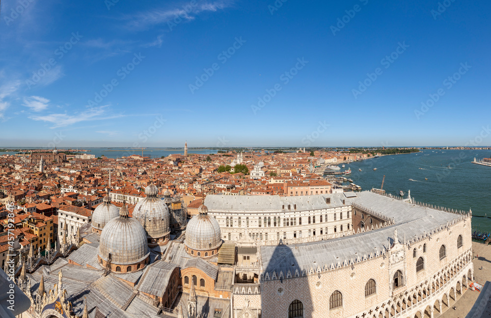 scenic aerial view to roof of st. Mark's cathedral and the doge's palace and skyline of Venice