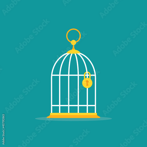 Locked golden bird cage with golden lock icon. Trap, imprisonment, jail concept.