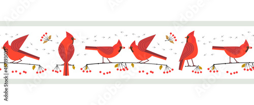 Red cardinal birds cute seamless vector border. Birdwatching, bird feeding minimal design illustration. Red Northern cardinal, comic cartoon frame. Winter birds of backyard, city garden scavenger sign