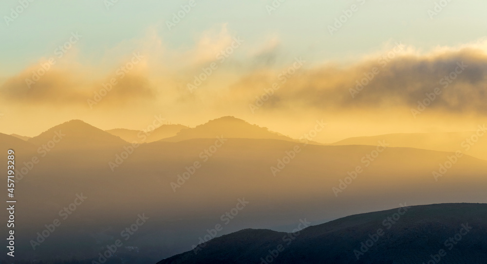 Panorama of Mountains, Hills, at Sunset, Sunrise 