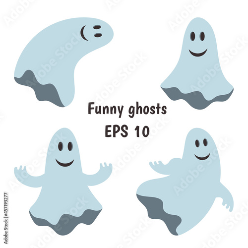 Set of four vector isolated smiling ghosts in different poses. Blue funny cute ghosts for Halloween design and decoration,prints,stickers