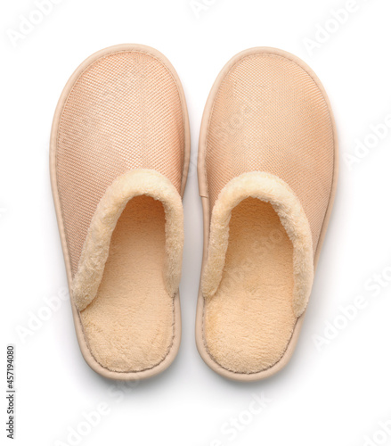 Top view of soft beige home slippers photo