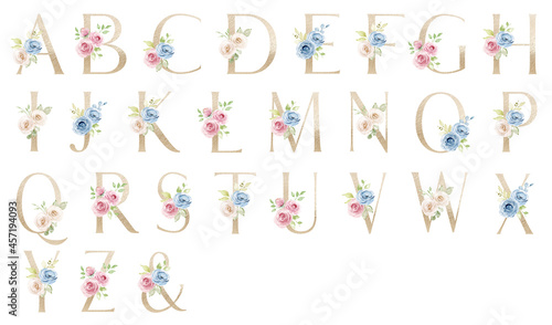 Letters set, gold floral alphabet with watercolor flowers roses and leaf. Monogram initials perfectly for wedding invitation, greeting card, logo, poster. Holiday decoration hand painting.