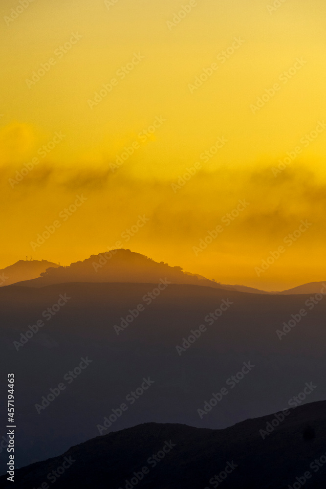 Yellow Sunset, Sunrise, in Mountains, Hills