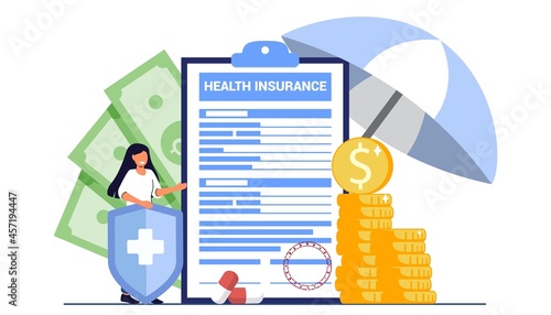 Health insurance claim form concept Big clipboard with document on it under the umbrella Healthcare Finance and medicine service Family insurance vector illustration in cartoon style Medical form