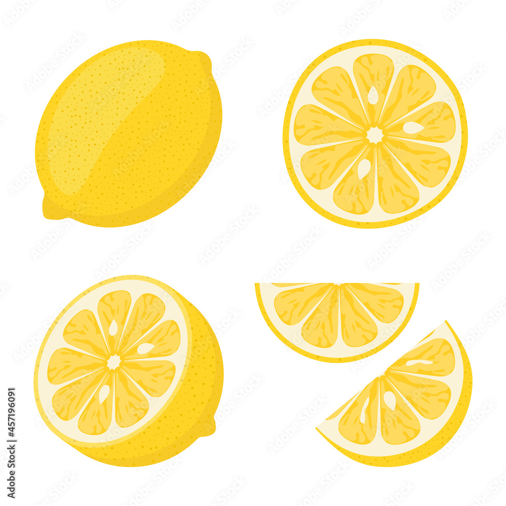 Fresh lemon, cut lemon, slice lemon isolated on white background