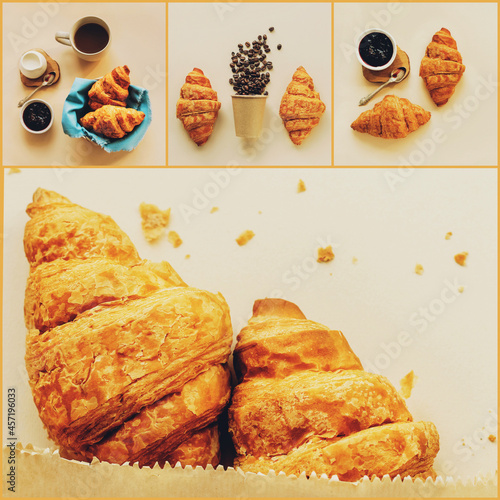 Collage of photos with croissants and coffee on a light background. Concept of advertising background for a cafe with place for text. 