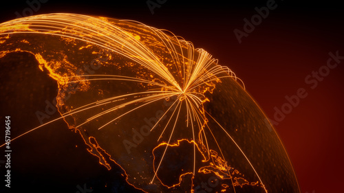 Futuristic Neon Map. Orange Lines connect Toronto, Canada with Cities across the Planet. International Travel or Business Concept.