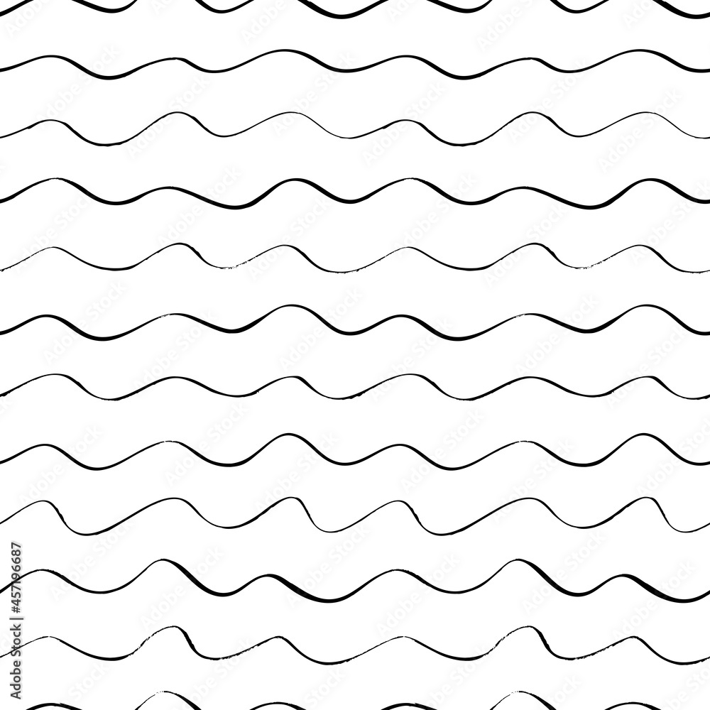 Black wavy stripes vector seamless pattern. Horizontal wavy lines, grunge brush strokes. Curly stripes design. Hand drawn black and white background for textile, fabrics, wrapping paper. Black wavy stripes vector seamless pattern. Horizontal wavy lines, grunge brush strokes. Curly stripes design. Hand drawn black and white background for textile, fabrics, wrapping paper.