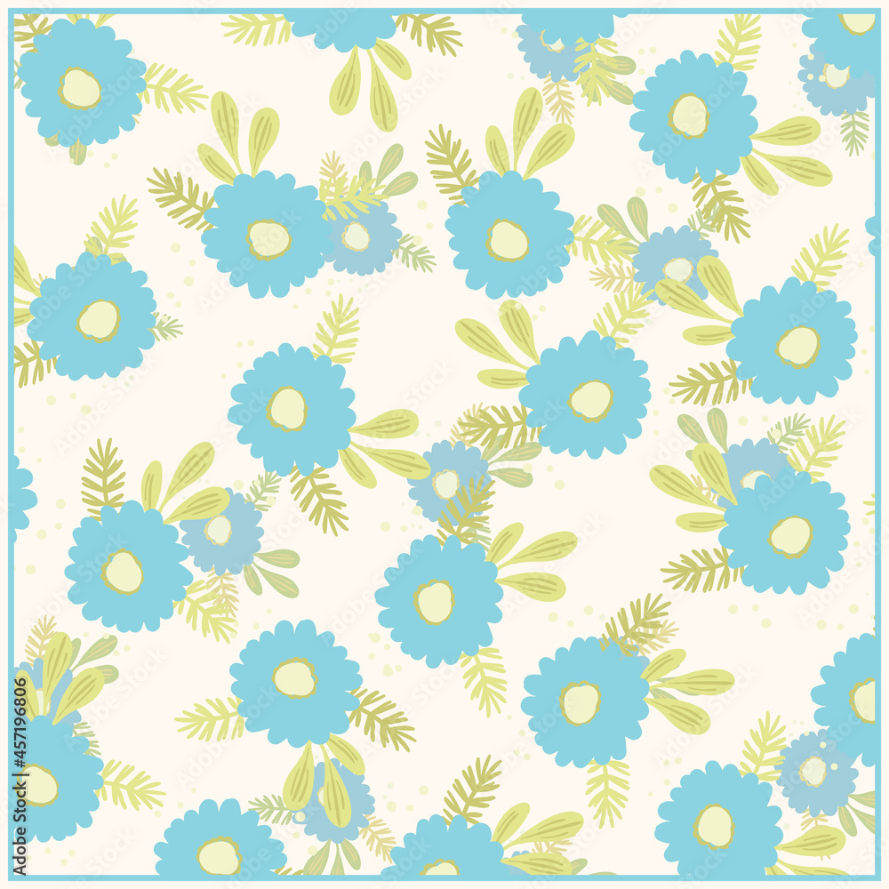 Print for kerchief, bandana, scarf, handkerchief, shawl, neck scarf. Squared pattern with ornament for fabric, textile, silk products. Paisley vector with flowers in nordic style.Floral folk tracery Print for kerchief, bandana, scarf, handkerchief, shawl, neck scarf. Squared pattern with ornament for fabric, textile, silk products. Paisley vector with flowers in nordic style.Floral folk tracery
