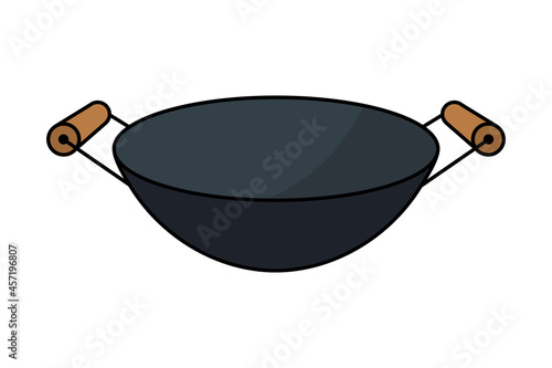 Wok fry pan or chinese cooking pot in vector icon