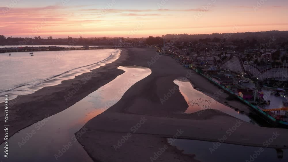 Aerial: The Beach In Santa Cruz at sunset, California, USA Aerial: The Beach In Santa Cruz at sunset, California, USA