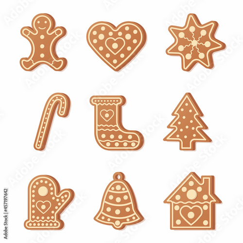 Big Christmas cookies collection with gingerbread and cookies figures of house, tree, man, heart, star, cane,mittens, bell and sock, gingerbread men, stars decorated curlicues colored glaze isolated