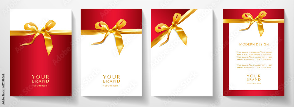 Holiday cover design set. Luxury red background with gold ribbon ...