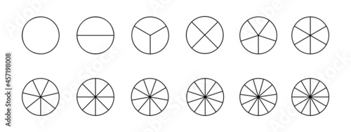 Circles divided in segments from 1 to 12 isolated on white background. Pie or pizza round shapes cut in equal slices in outline style. Simple business chart examples. Vector linear illustration.