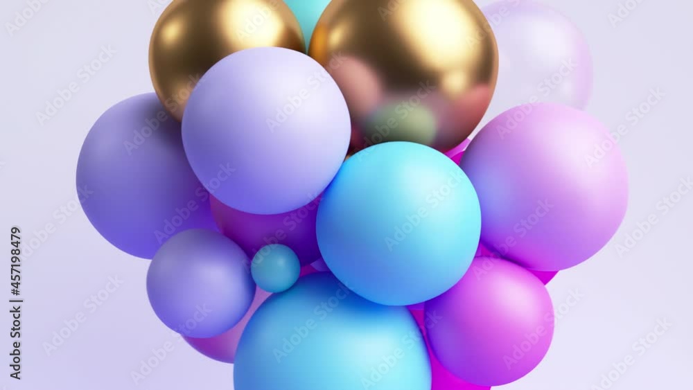 3d animation 4K. Abstract background with colorful balls stuck together. Festive pink blue gold balloons 3d animation 4K. Abstract background with colorful balls stuck together. Festive pink blue gold balloons