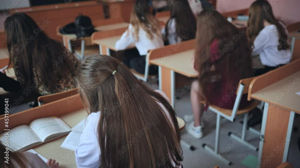 Pupils of the 11th grade in the class at the desks during the lesson. Russian school. Pupils of the 11th grade in the class at the desks during the lesson. Russian school.