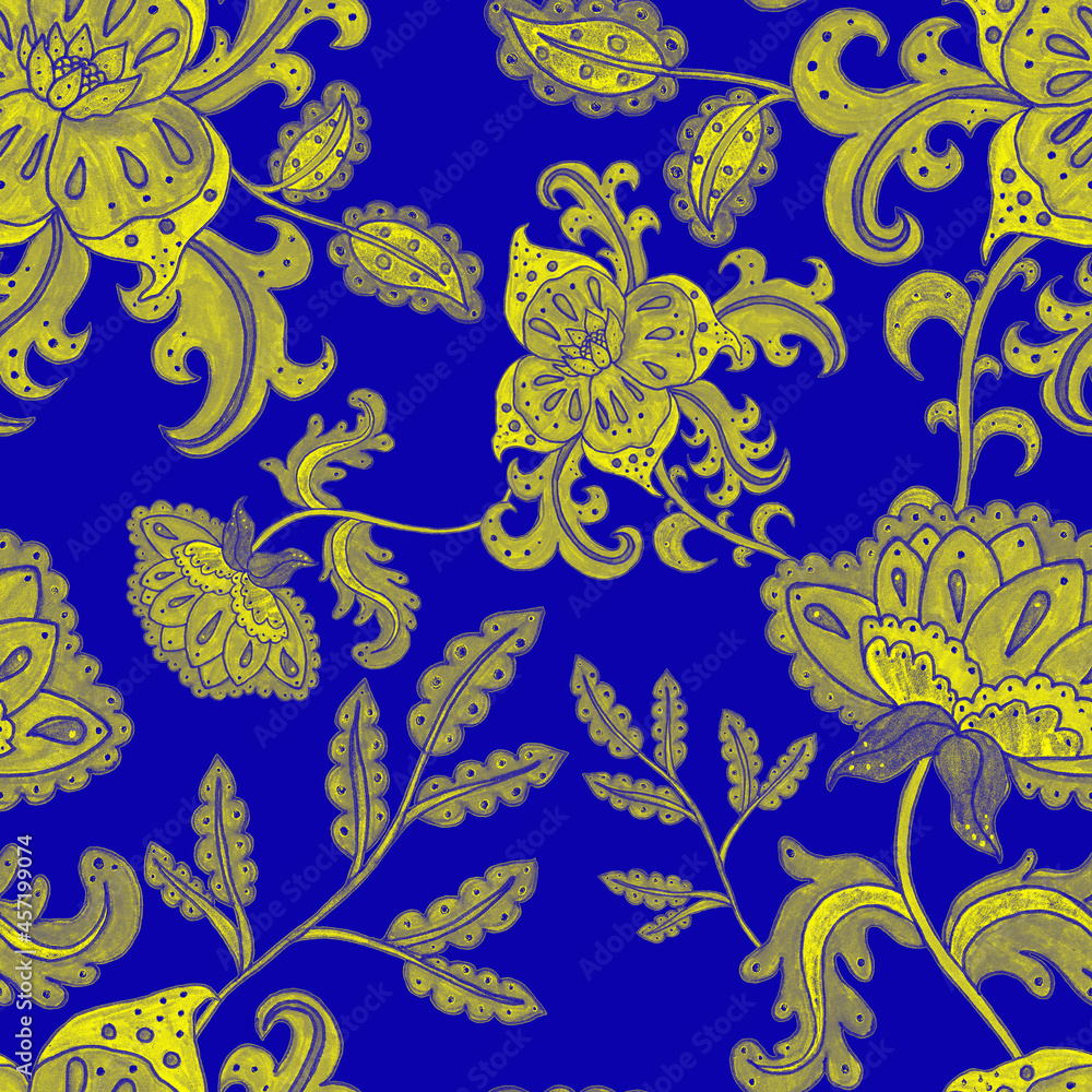 Watercolor seamless pattern with folky flowers and leaves in ethnic style. Floral decoration. Traditional paisley pattern. Textile design texture.Tribal ethnic vintage seamless pattern. Watercolor seamless pattern with folky flowers and leaves in ethnic style. Floral decoration. Traditional paisley pattern. Textile design texture.Tribal ethnic vintage seamless pattern.