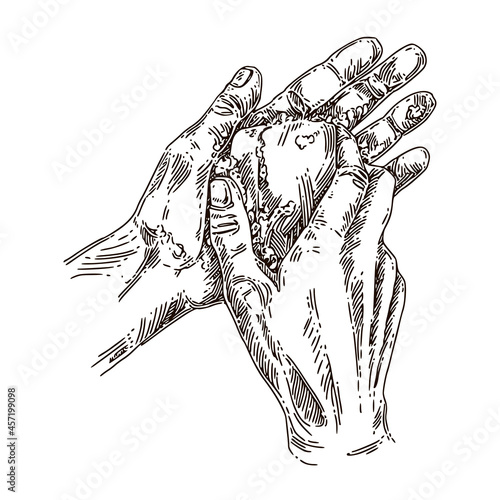 Hand washing with soap. Sketch. Engraving style. Vector illustration.