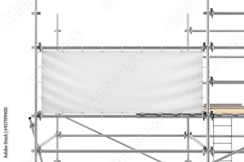 Banner with grommets on scaffolding mockup. 3d rendering photo
