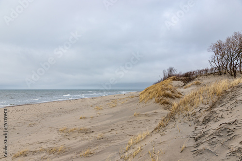 View of sand dunes of Curonian Spit, Kurshskaya Kosa National Park, Curonian Lagoon and the Baltic Sea, Kaliningrad, Russia