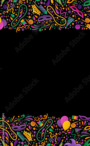 Mardi Gras backgrond. Mardi Gras beads, yellow, green, purple. Colorful carnival border. Mardi Gras banner, textile, fabric texture. Tradition carnival symbols, confetti, mask, firework, festive flags