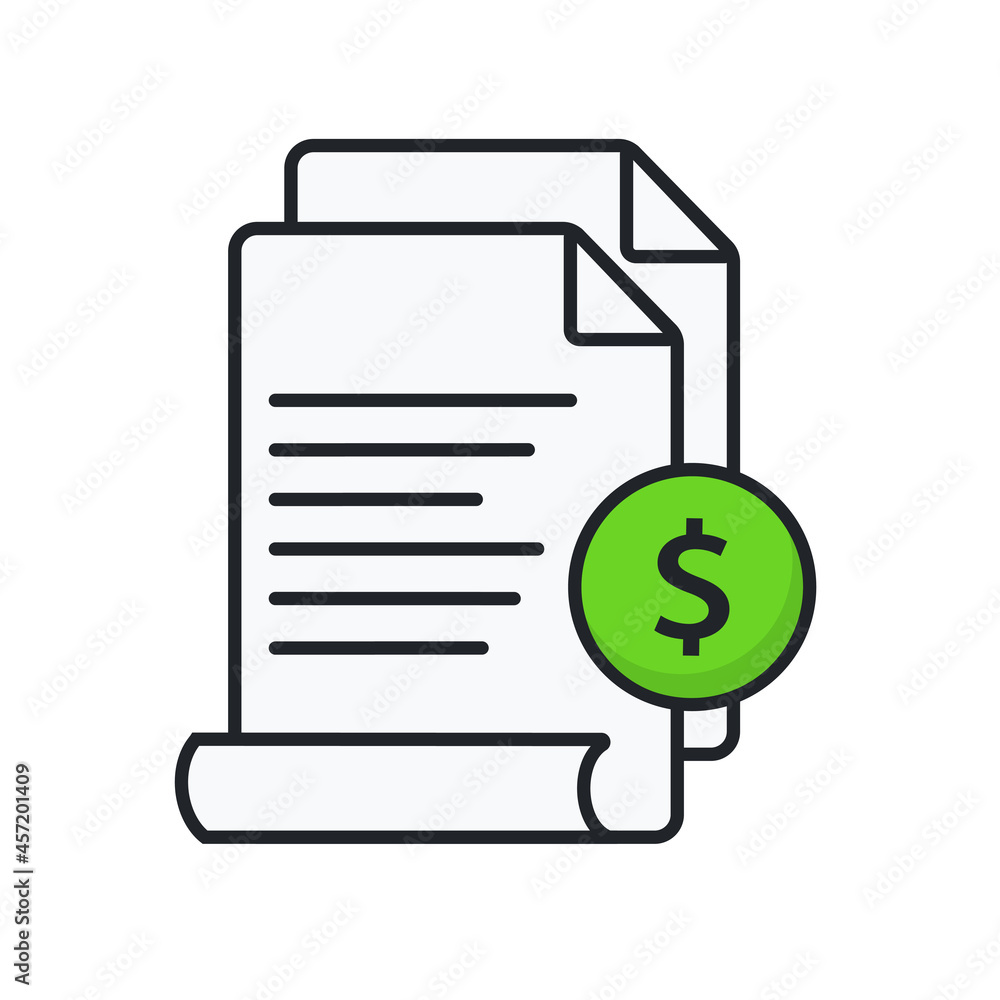 Invoice icon. Bill paid symbol. Payment and bill invoice. Tax form outline icon. Paper document with money sign. Vector illustration. Invoice icon. Bill paid symbol. Payment and bill invoice. Tax form outline icon. Paper document with money sign. Vector illustration.