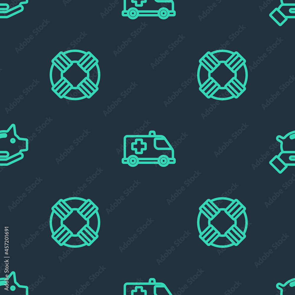 Set line Emergency car, Lifebuoy and Piggy bank on seamless pattern. Vector Set line Emergency car, Lifebuoy and Piggy bank on seamless pattern. Vector