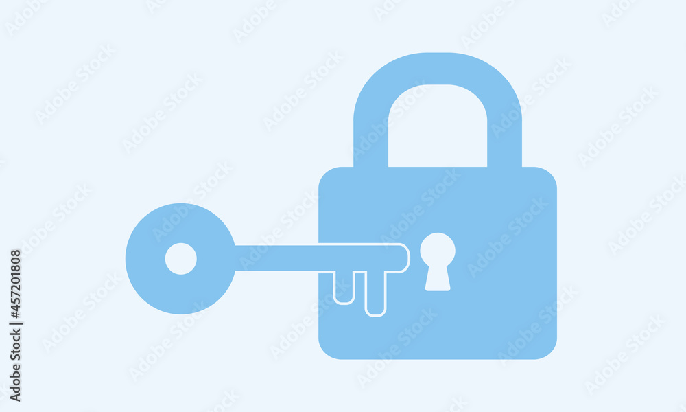 Flat style vector illustration of padlock and key icons isolated on blue background. Security sign symbol. Lock and key icon. Vector illustration. Flat style vector illustration of padlock and key icons isolated on blue background. Security sign symbol. Lock and key icon. Vector illustration.