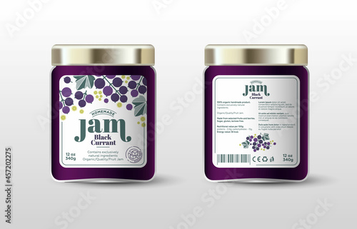 Dewberry jam. Label for jar and packaging. Berries, leaves and flowers, text, sugar free icon.