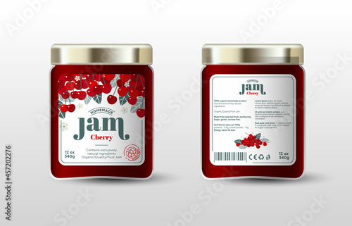 Cherry jam. Label for jar and packaging. Berries, leaves and flowers, text, sugar free icon.