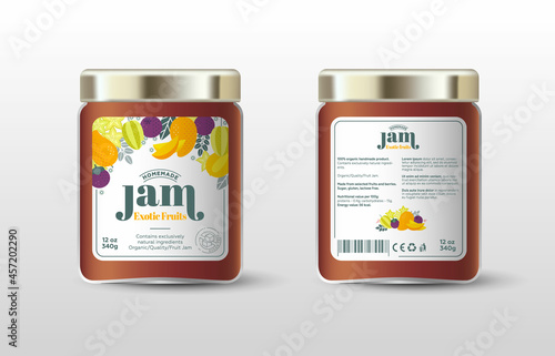 Exotic fruit jam. Starfruit (carambola), mangosteen and mango. Label for jar and packaging. Whole and cut fruits, leaves and flowers, text, sugar free icon.