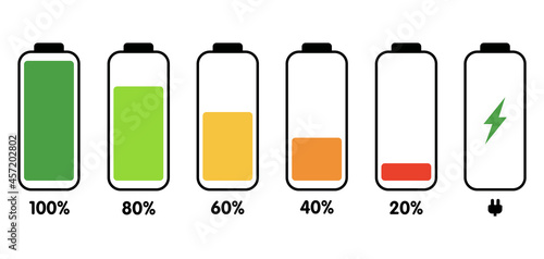 A set of icons of the information state of the battery. A set of indicators of the level of charge of the battery. Information icons for charging the phone's battery. Vector illustration.
