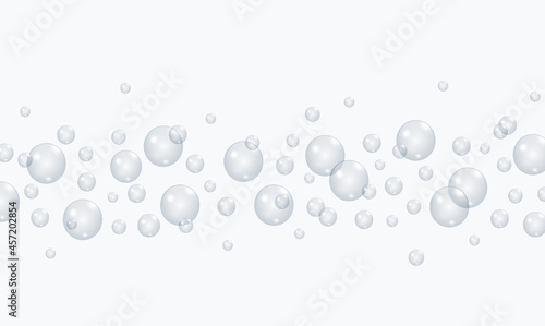 Underwater fizzing air bubbles flow on transparent background. Fizzy drink. Soda pop. Champagne. Sparkling water. Undersea vector texture.