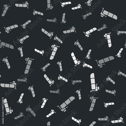 Grey Inflatable boat with outboard motor icon isolated seamless pattern on black background. Vector