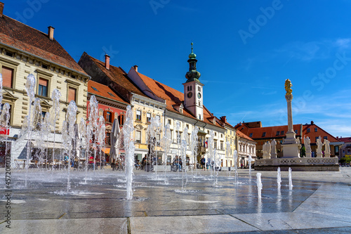 Famous main square Glavni trg of Maribor the second largest city in Slovenia with a fountain