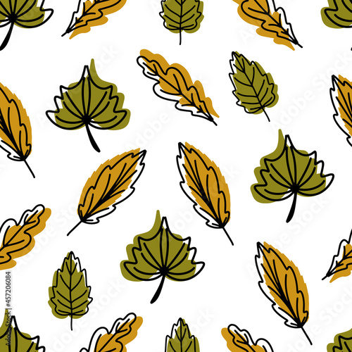 Seamless pattern of fallen autumn leaves of different shapes. Autumn background, poster with different leaves. Seasonal autumn elements for creating postcards, invitations, Cartoon flat style. vector 