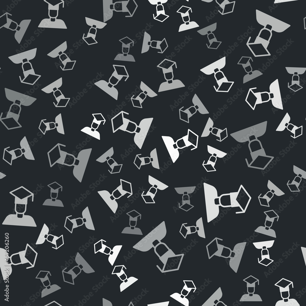 Grey Graduate and graduation cap icon isolated seamless pattern on black background. Vector Grey Graduate and graduation cap icon isolated seamless pattern on black background. Vector