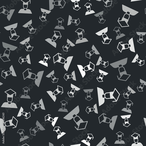 Grey Graduate and graduation cap icon isolated seamless pattern on black background. Vector