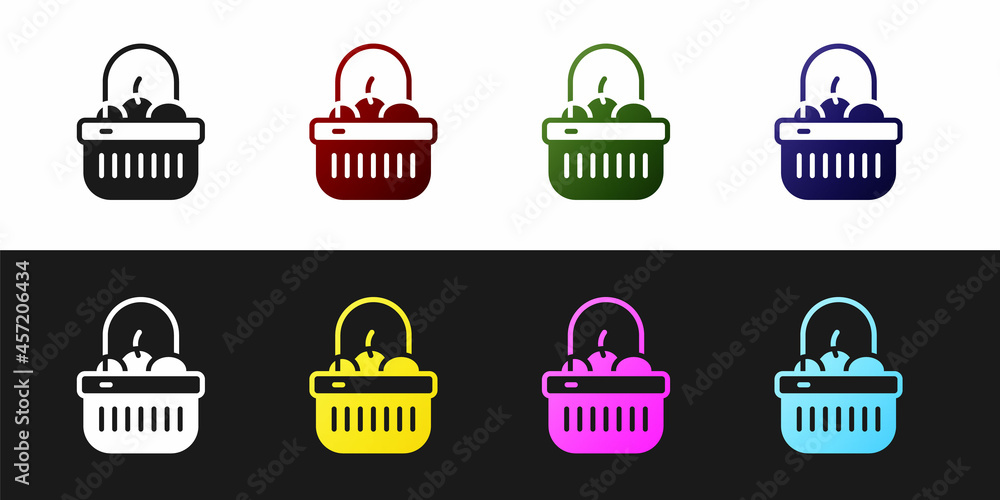 Set Shopping basket and food icon isolated on black and white background. Food store, supermarket. Vector