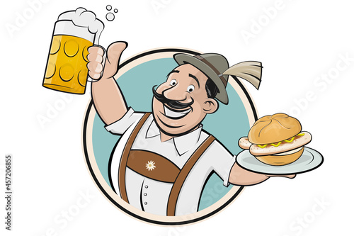 retro cartoon illustration of a bavarian man with beer and bratwurst