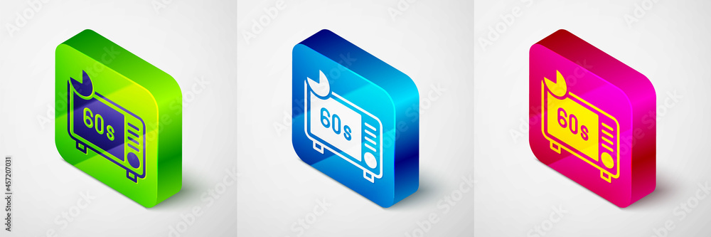 Isometric Microwave oven icon isolated on grey background. Home appliances icon. Square button. Vector Isometric Microwave oven icon isolated on grey background. Home appliances icon. Square button. Vector