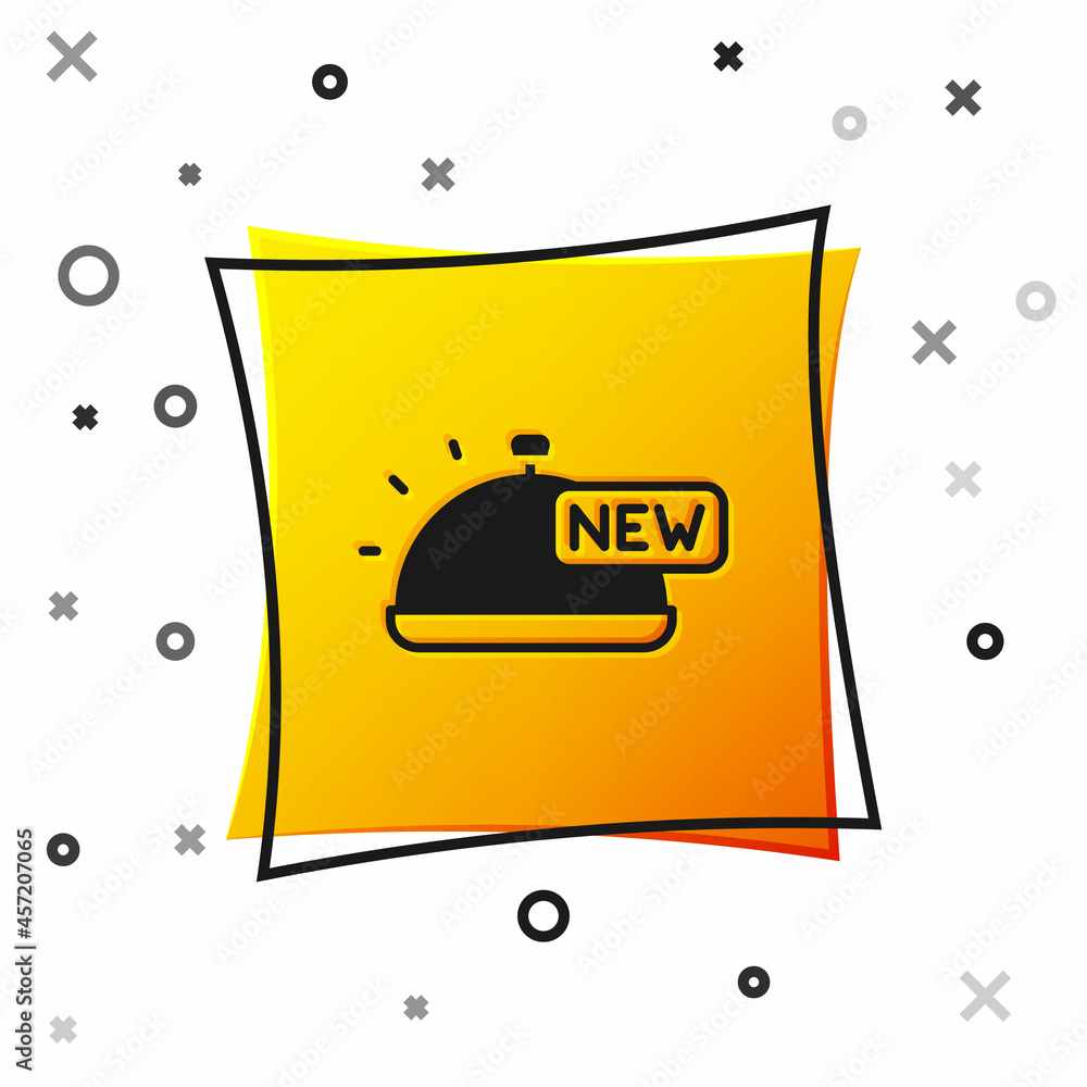 Black Covered with a tray of food icon isolated on white background. Tray and lid sign. Restaurant cloche with lid. Yellow square button. Vector