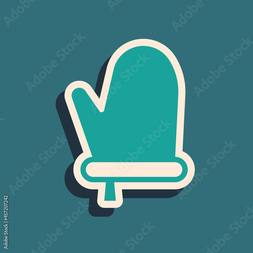 Green Oven glove icon isolated on green background. Kitchen potholder sign. Cooking glove. Long shadow style. Vector