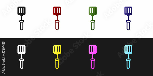 Set Barbecue spatula icon isolated on black and white background. Kitchen spatula icon. BBQ spatula sign. Barbecue and grill tool. Vector