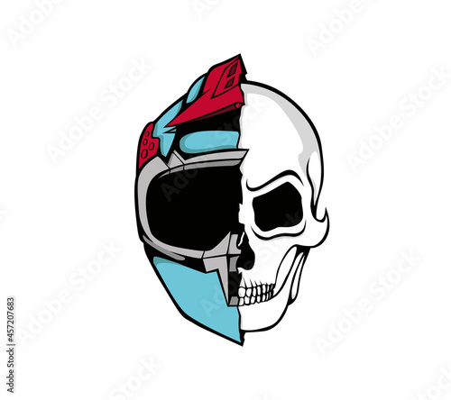 Cartoon of a skull with a helmet torn in half, symbol of extreme sport, print