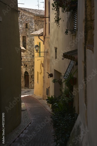Narrow cobble stoned alley lined by pastel colored typical Italian houses and a few pot plants in the quaint town of San Gemini  near Rome  Italy