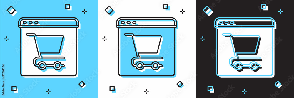 Set Online shopping on screen icon isolated on blue and white, black background. Concept e-commerce, e-business, online business marketing. Vector Set Online shopping on screen icon isolated on blue and white, black background. Concept e-commerce, e-business, online business marketing. Vector