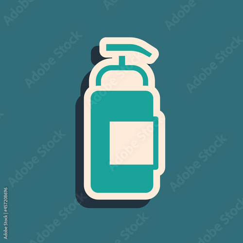 Green Bottle of liquid antibacterial soap with dispenser icon isolated on green background. Antiseptic. Disinfection, hygiene, skin care. Long shadow style. Vector