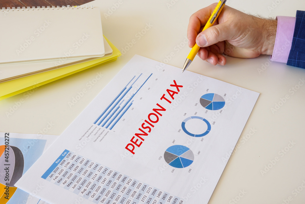 Financial concept meaning PENSION TAX with phrase on the page. Financial concept meaning PENSION TAX with phrase on the page.